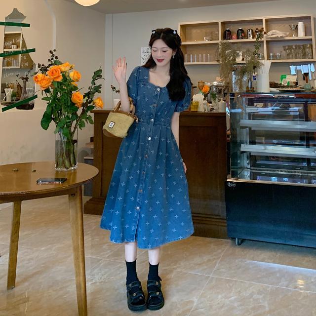 胖mm大碼短袖減齡牛仔連衣裙女收腰顯瘦復古氣質百搭a字裙長/短款