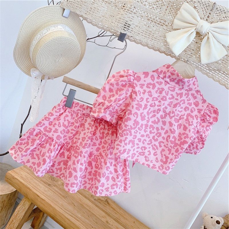 2023 spring and summer little girls bubble short-sleeved pink leopard top shirt shirt ruffled skirt western style two-piece set