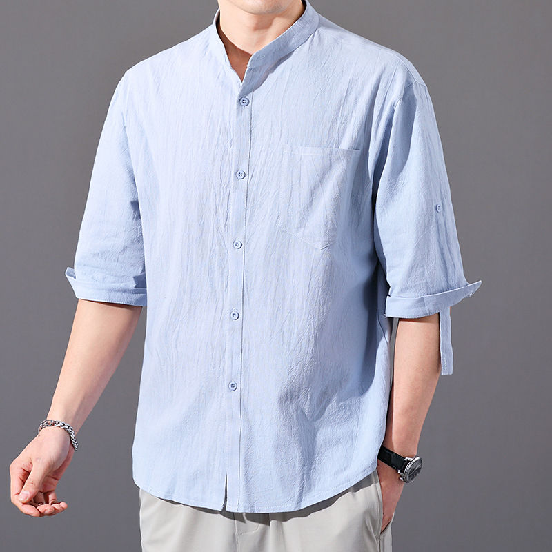 夏季亚麻中国风男士七分袖衬衫立领棉麻中袖寸衫纯色潮流短袖衬衣
