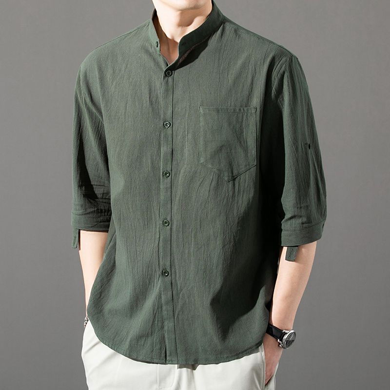 夏季亚麻中国风男士七分袖衬衫立领棉麻中袖寸衫纯色潮流短袖衬衣