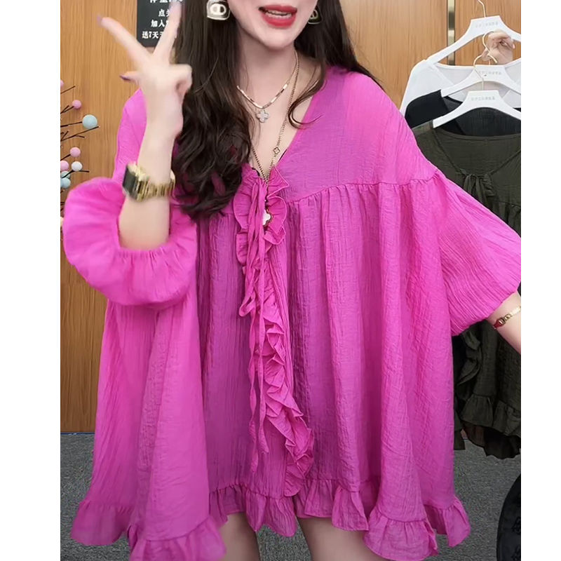 Fungus lace tie v-neck sunscreen small shirt women 2023 summer Korean fashion foreign style thin loose large size T-shirt