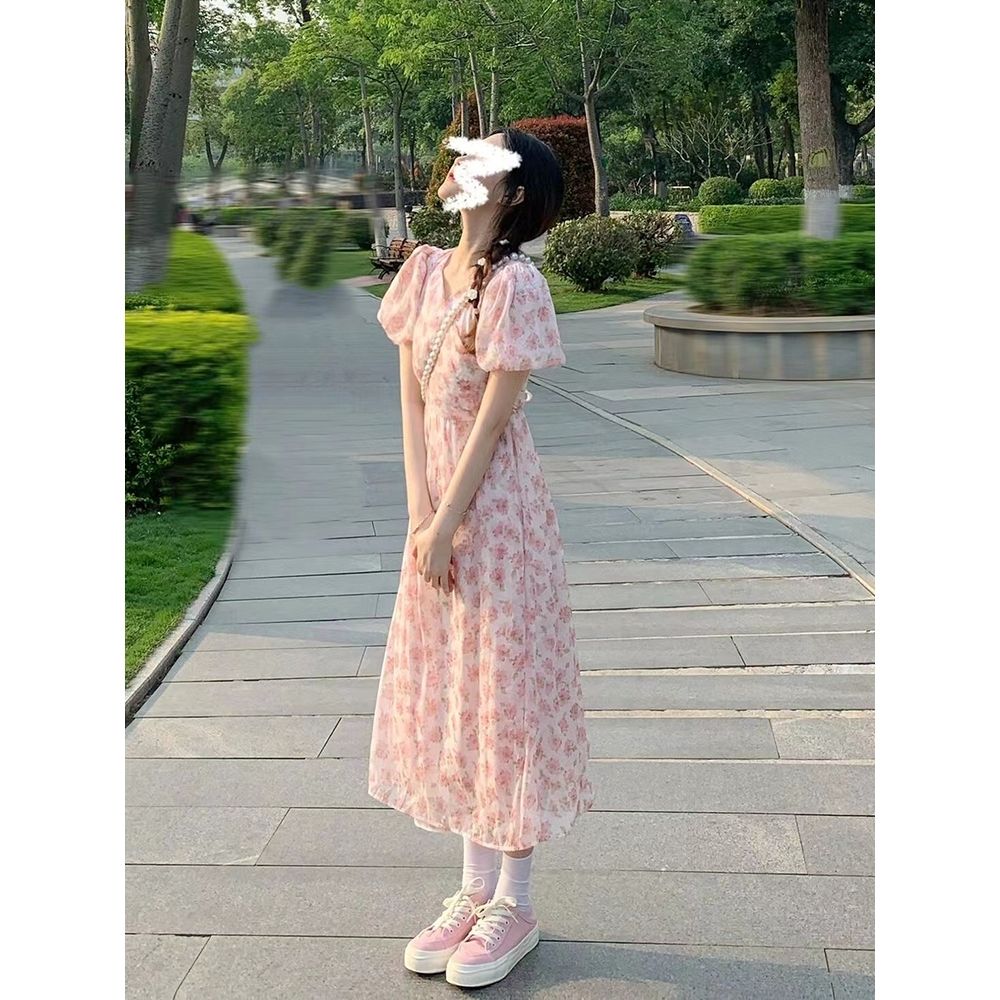 Super Fairy Sen Department First Love Long Dress French Gentle Wind Puff Sleeve Waist Waist Milk Sweet Girl Pink Floral Dress Summer