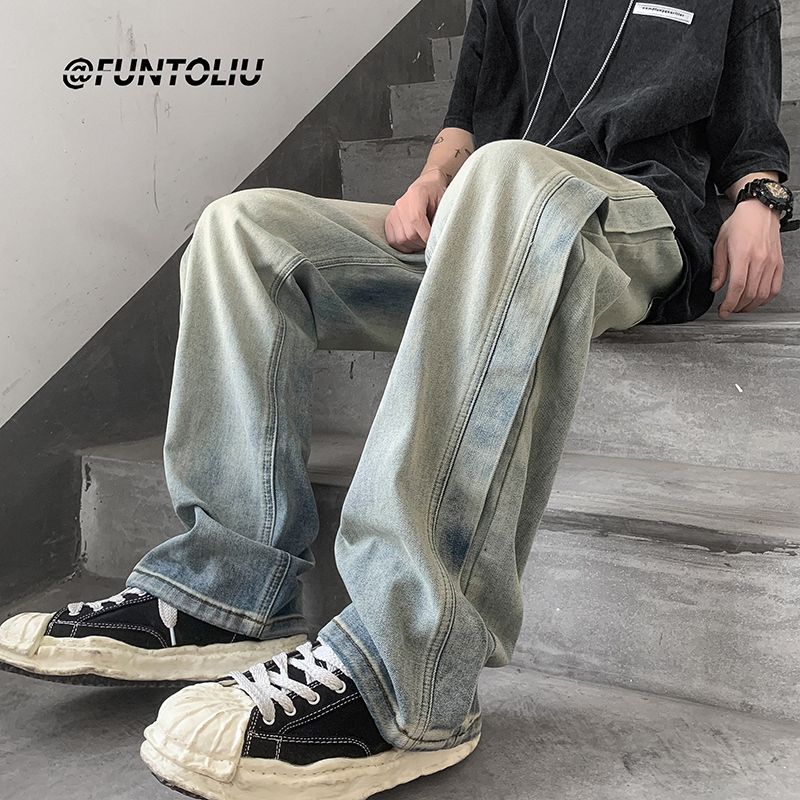 American high street spliced ​​washed jeans men's trendy brand loose straight trousers ins versatile wide-leg floor-length pants