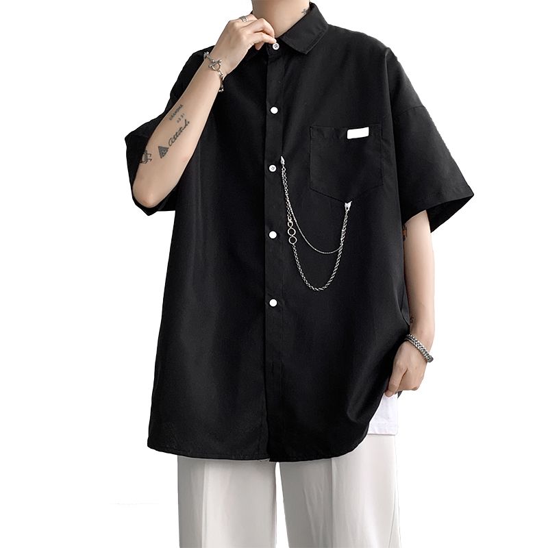 夏季日系短袖衬衫男设计感小众胖子大码链子黑色冰丝工装衬衣潮牌