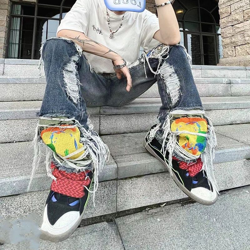 歐美高街重工刺繡破壞流蘇牛仔褲男女美式潮男小眾設計感拖地褲子