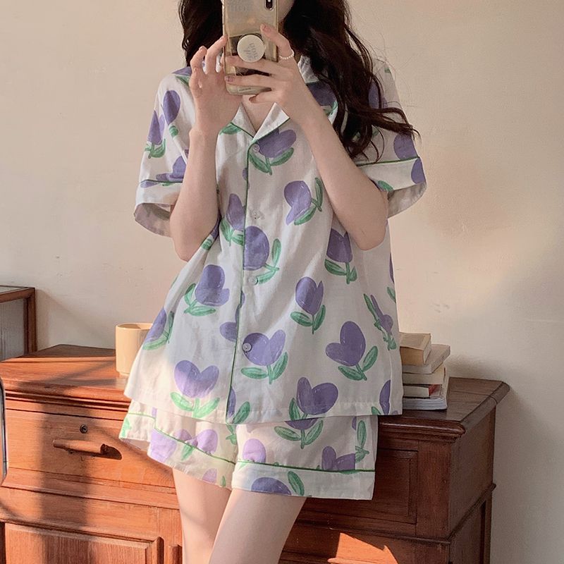 Ins wind tulip short-sleeved shorts set loose pajamas women's summer home service can be worn outside summer summer summer