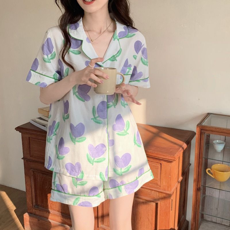 Ins wind tulip short-sleeved shorts set loose pajamas women's summer home service can be worn outside summer summer summer