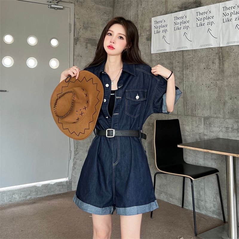 Dark blue denim Jumpsuit women's summer 2022 new Hong Kong style sweet and cool design, narrow waist and thin wide leg shorts