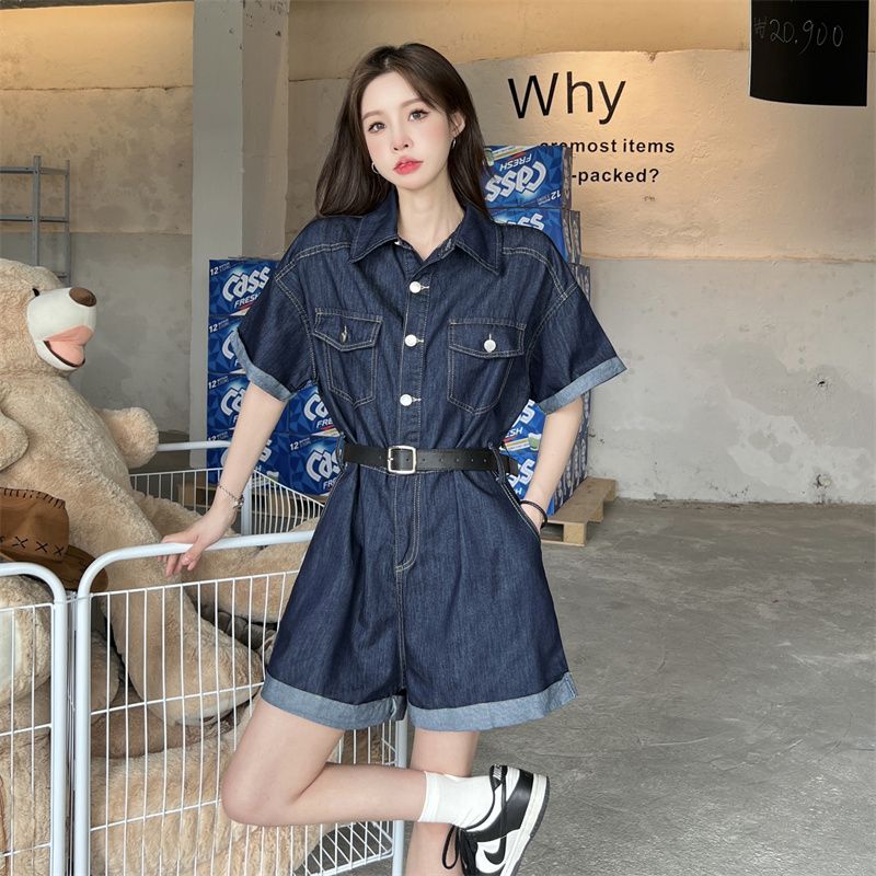 Dark blue denim Jumpsuit women's summer 2022 new Hong Kong style sweet and cool design, narrow waist and thin wide leg shorts