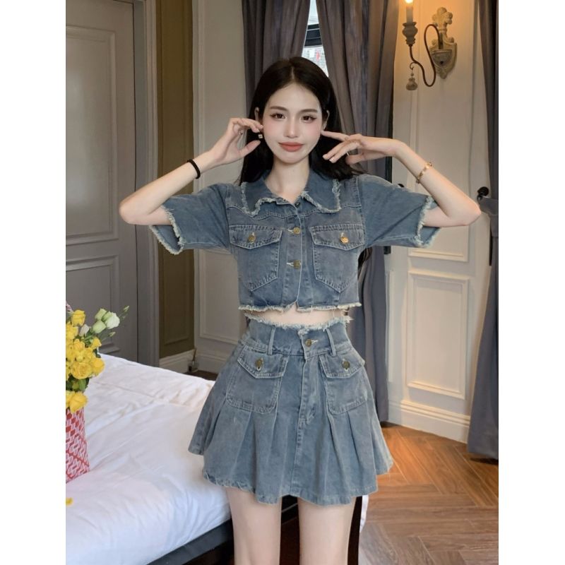 Washed Vintage short sleeved denim shirt women's summer spice loose Polo neck short design sense niche top