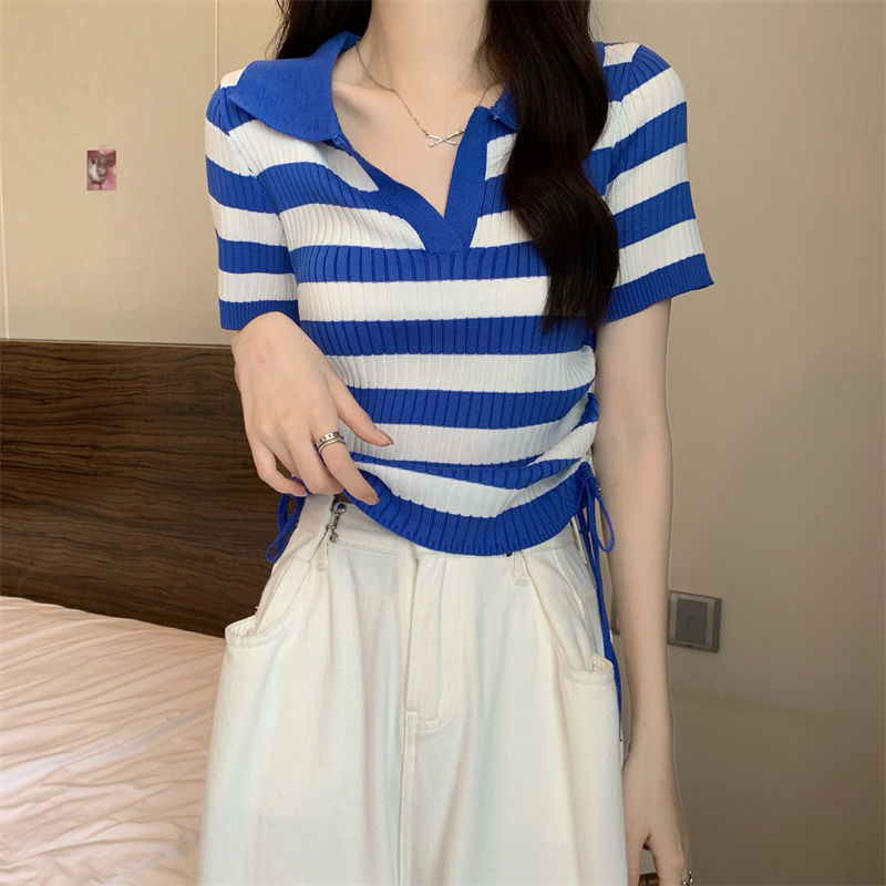 条纹短袖T恤女夏季新版韩风设计感小众POLO领正肩体恤高级感上衣