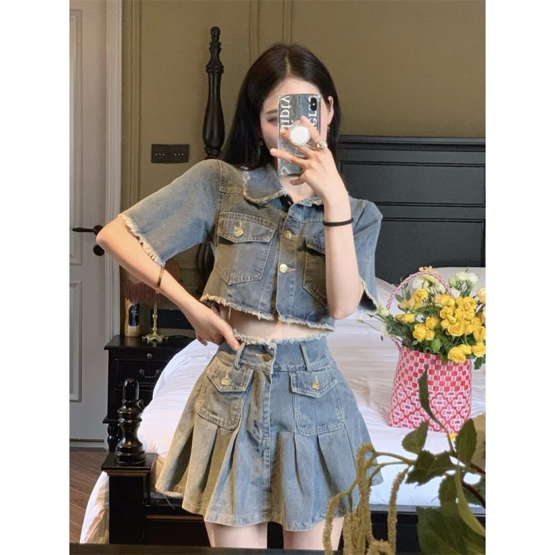 Washed Vintage short sleeved denim shirt women's summer spice loose Polo neck short design sense niche top