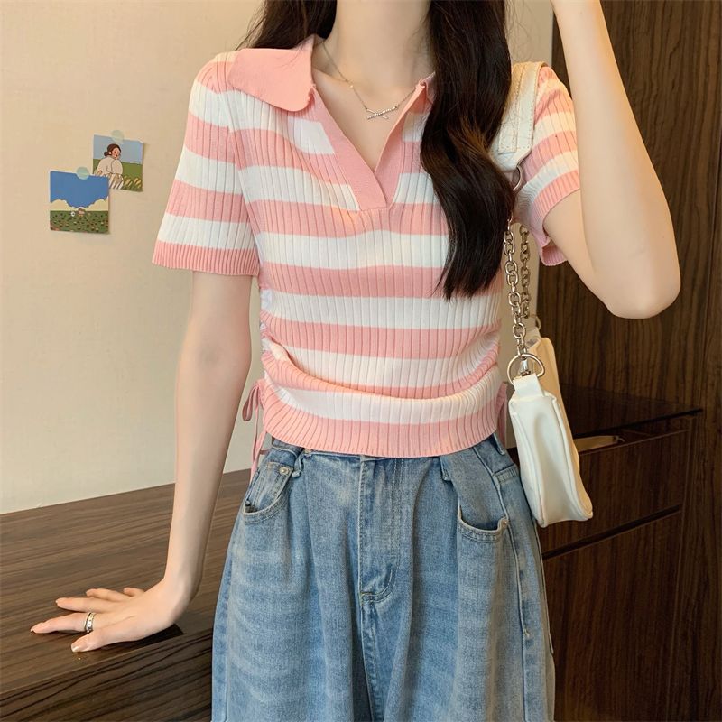 条纹短袖T恤女夏季新版韩风设计感小众POLO领正肩体恤高级感上衣