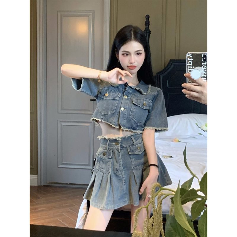 Washed Vintage short sleeved denim shirt women's summer spice loose Polo neck short design sense niche top