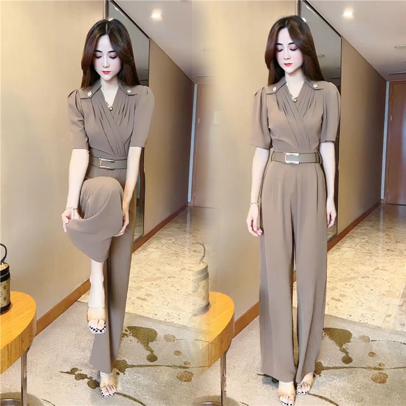 Net red with the same temperament fashion jumpsuit women's summer new short-sleeved foreign style waist was thin wide-leg jumpsuit tide