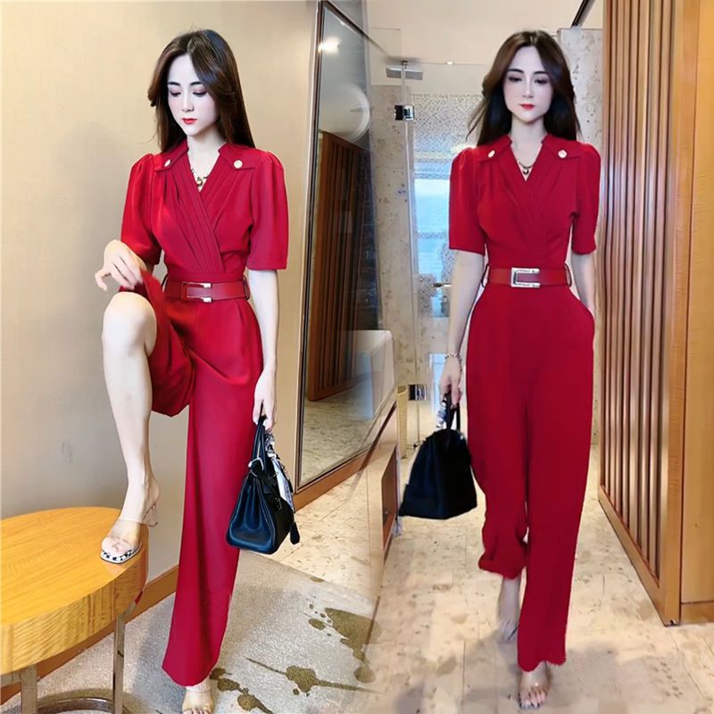 Net red with the same temperament fashion jumpsuit women's summer new short-sleeved foreign style waist was thin wide-leg jumpsuit tide