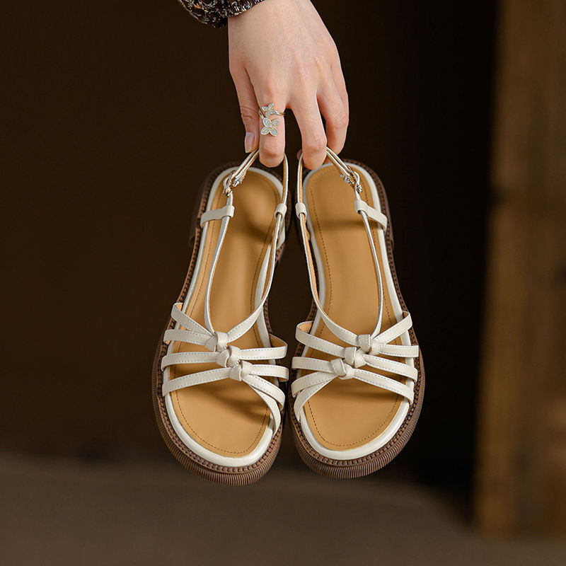 法式复古罗马凉鞋女夏季款平底百搭细带编织一字扣低跟舒适沙滩鞋