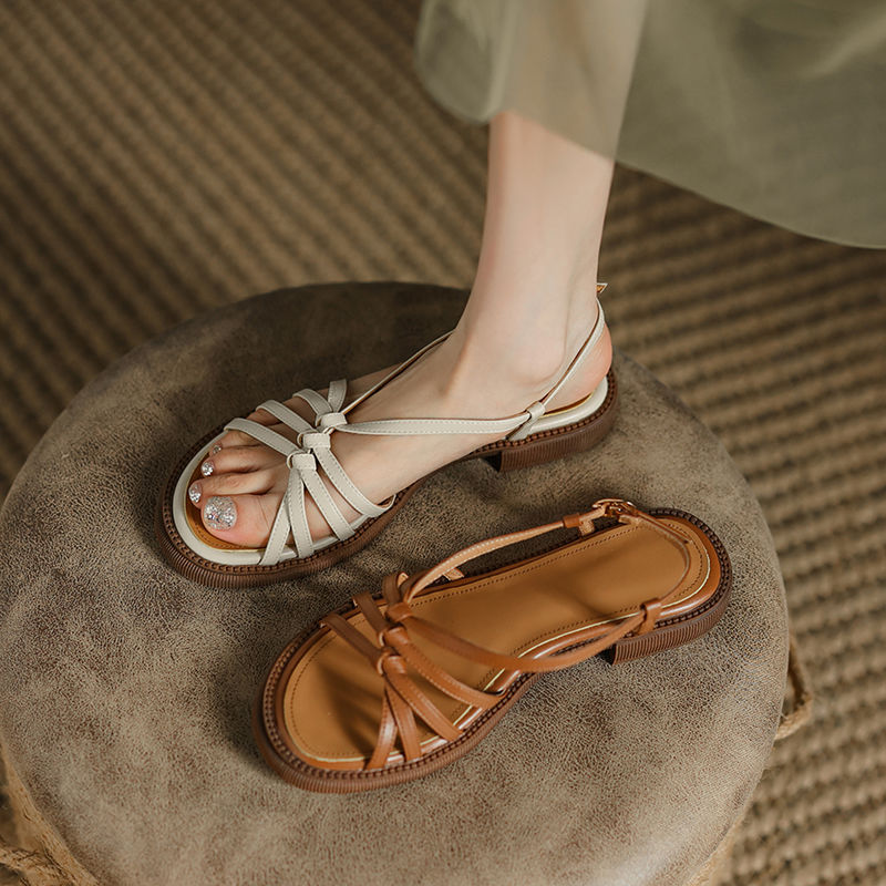 法式复古罗马凉鞋女夏季款平底百搭细带编织一字扣低跟舒适沙滩鞋