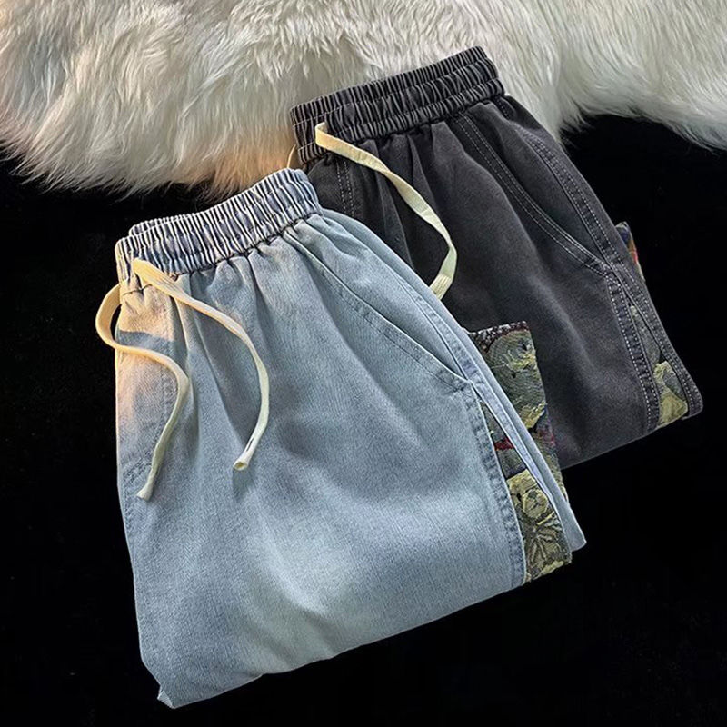 Bear Stitching Denim Shorts Men's Summer Thin Section Loose Straight Large Size Tide Brand Versatile Casual Boys Five-point Pants