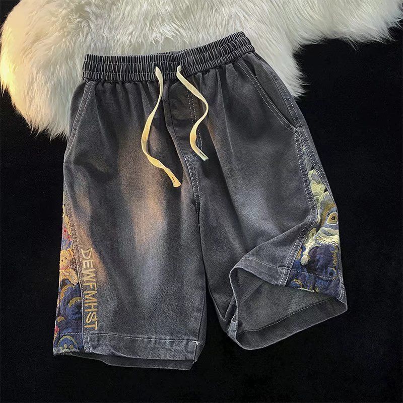 Bear Stitching Denim Shorts Men's Summer Thin Section Loose Straight Large Size Tide Brand Versatile Casual Boys Five-point Pants