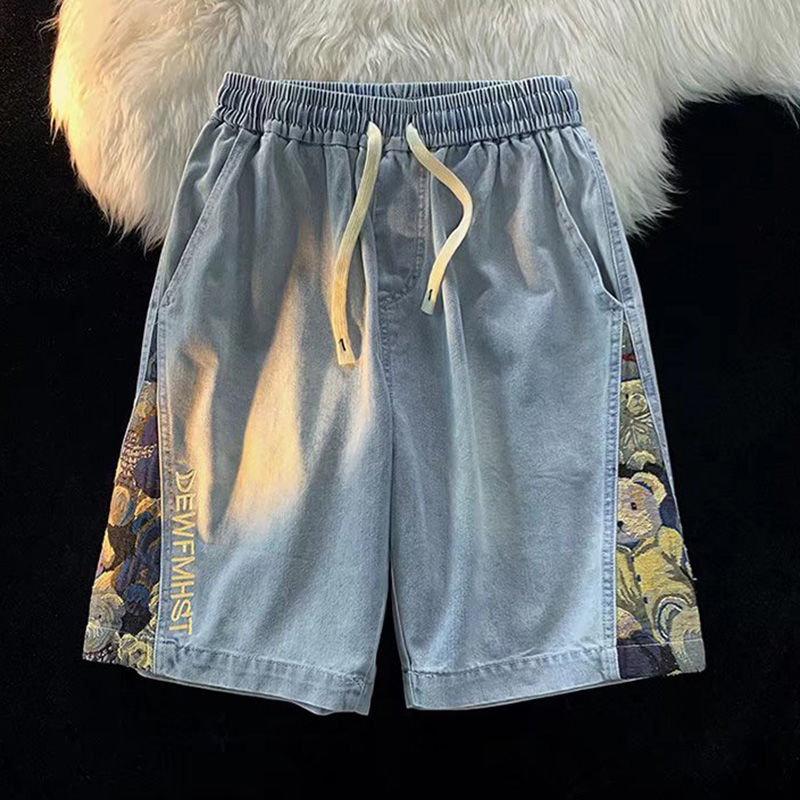 Bear Stitching Denim Shorts Men's Summer Thin Section Loose Straight Large Size Tide Brand Versatile Casual Boys Five-point Pants