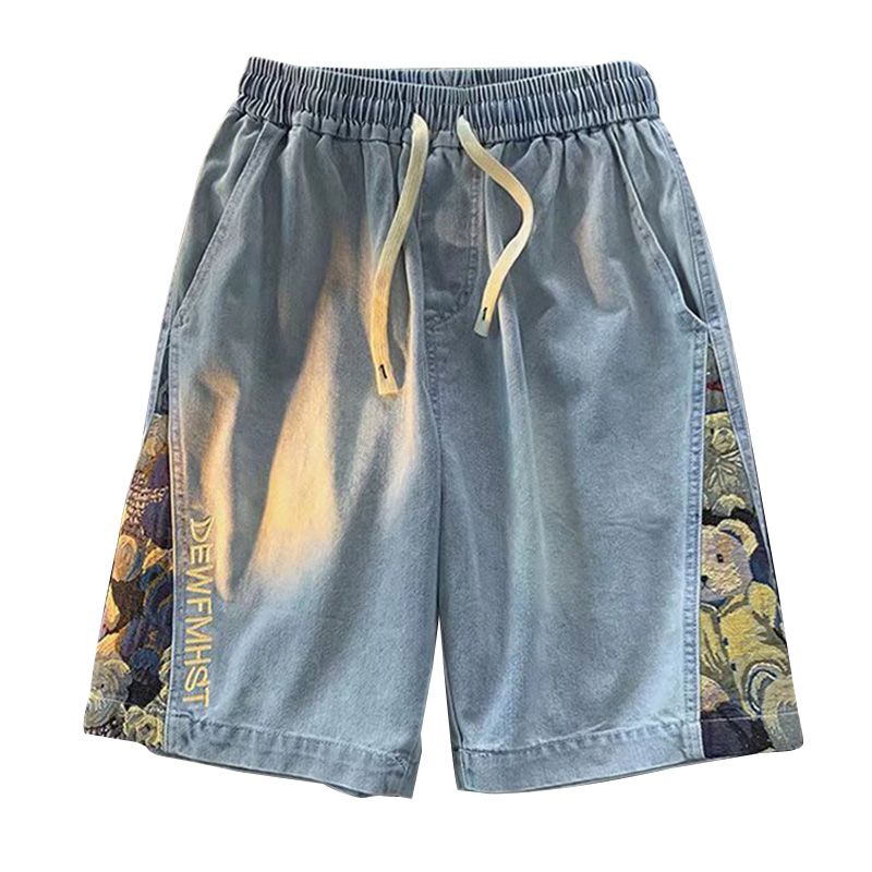 Bear Stitching Denim Shorts Men's Summer Thin Section Loose Straight Large Size Tide Brand Versatile Casual Boys Five-point Pants