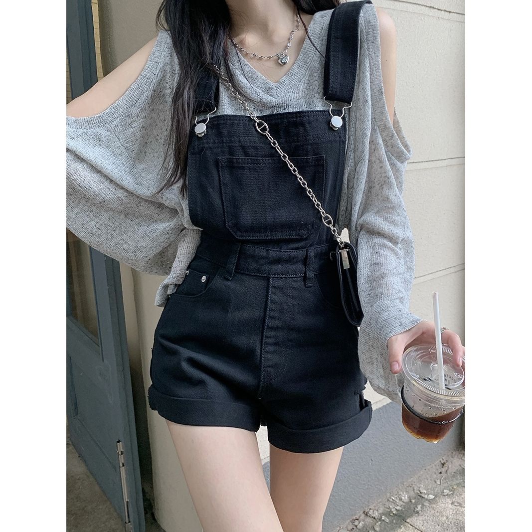 [Two-piece suit] Hollow off-shoulder sunscreen shirt + salty and sweet denim overalls casual wide-leg shorts for women