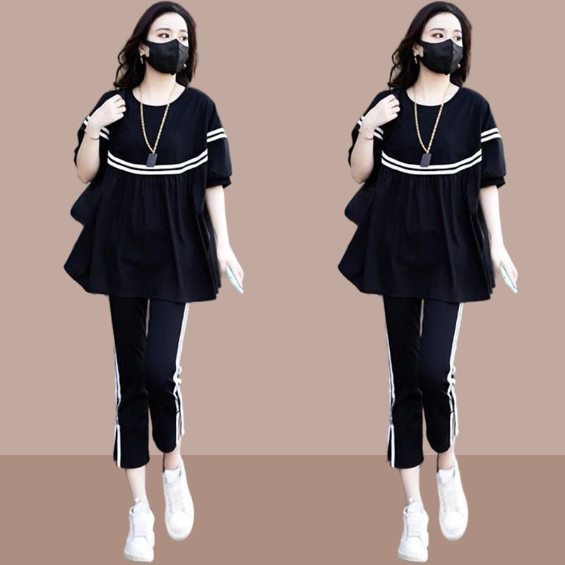 Large size sports suit female  new Korean version loose foreign style thin casual sportswear suit female two-piece