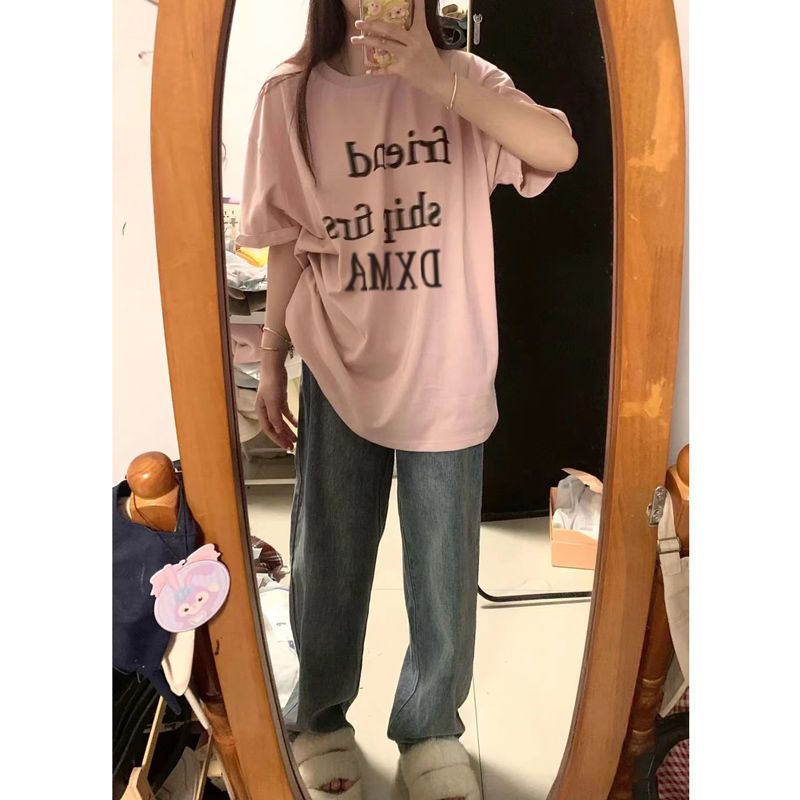 Sweet and cool pink short-sleeved t-shirt female design sense niche oversize loose American Hong Kong style chic top summer