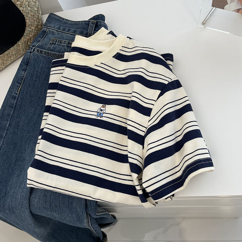 Large size fat mm300 catties striped short-sleeved T-shirt female summer student Korean ins wind embroidery loose round neck top