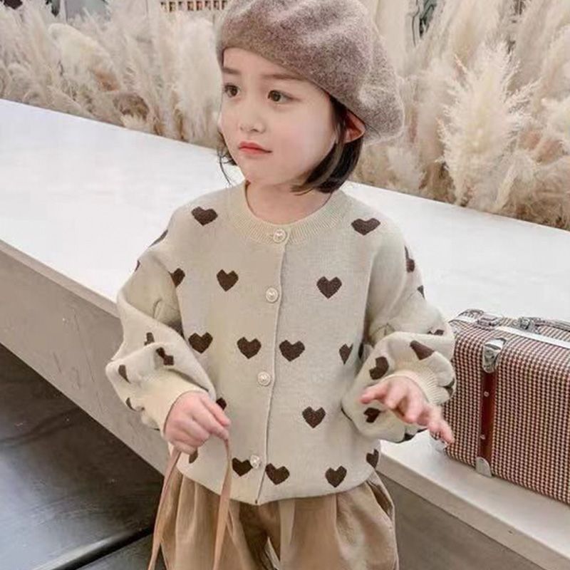 Children's Knitted Cardigan Spring And Autumn, Stylish Lantern Sleeve Love Heart Sweater Coat For Girls, Korean Style_voghion.com