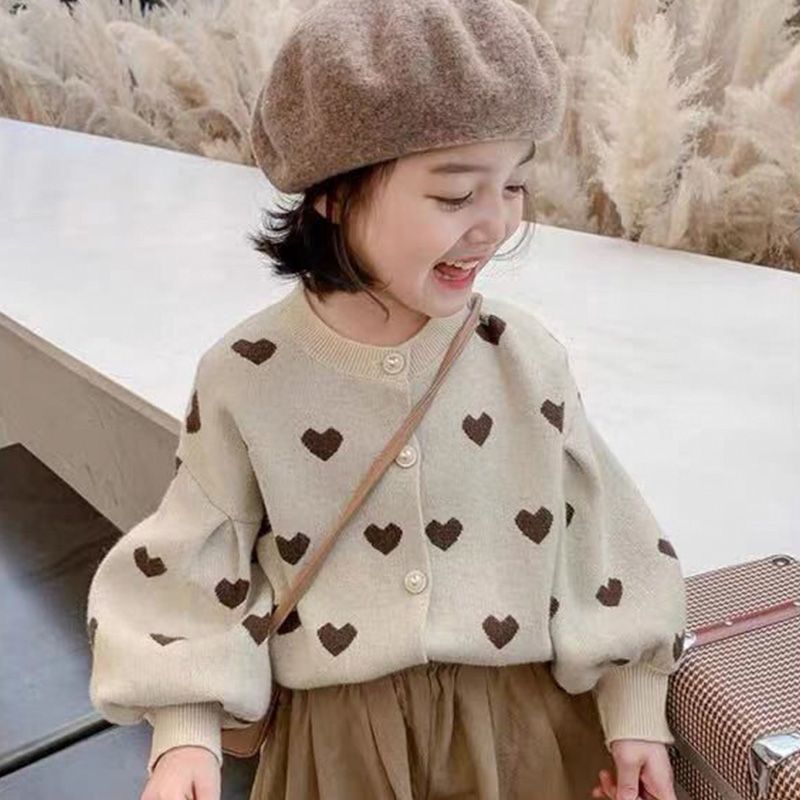 Gestrickte Strickjacke Für Mädchen Herzmuster Langarm Pullover_voghion.com