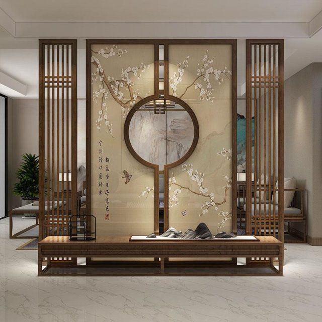 新中式实木花鸟屏风客厅镂空玄关格栅隔断简约现代酒店别墅背景墙