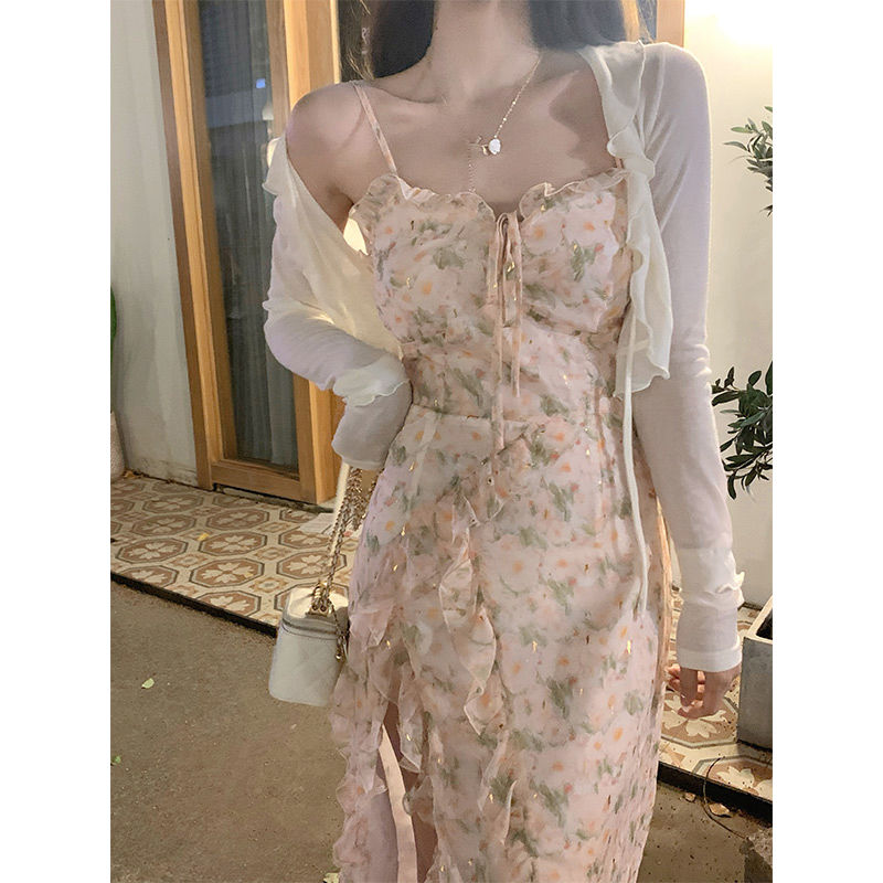 Xianqi Small Sweetheart Sweetheart for Women's Summer Design with Wood Ears and Sunscreen Cardigan Sling Dress and Shawl Chiffon Top