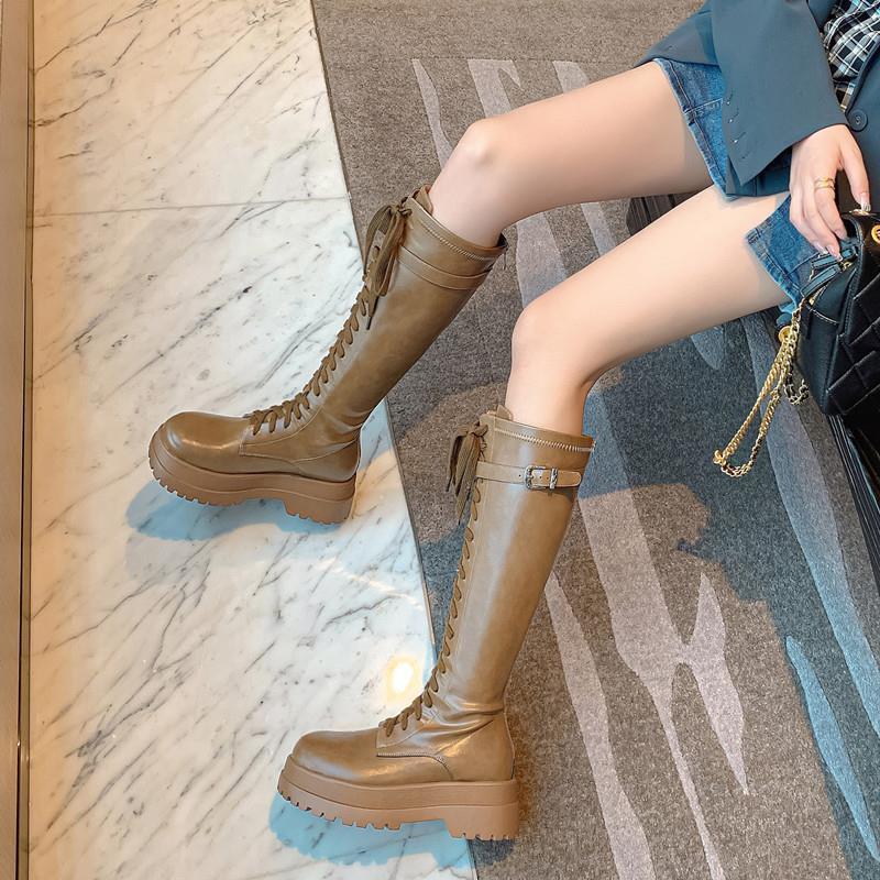Thick-soled boots for women, lace-up, small, high-heeled, platform sole, soft leather,  autumn new high-heeled boots, knight boots