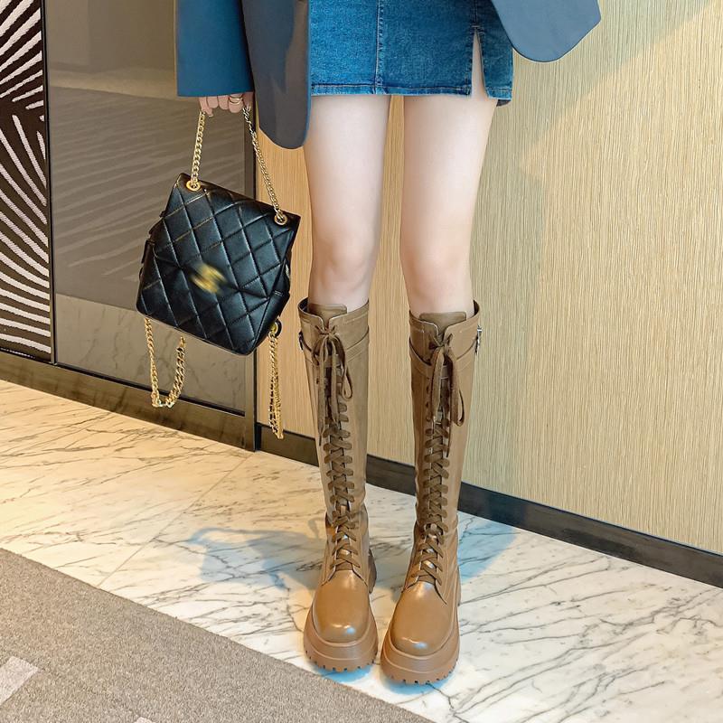 Thick-soled boots for women, lace-up, small, high-heeled, platform sole, soft leather,  autumn new high-heeled boots, knight boots