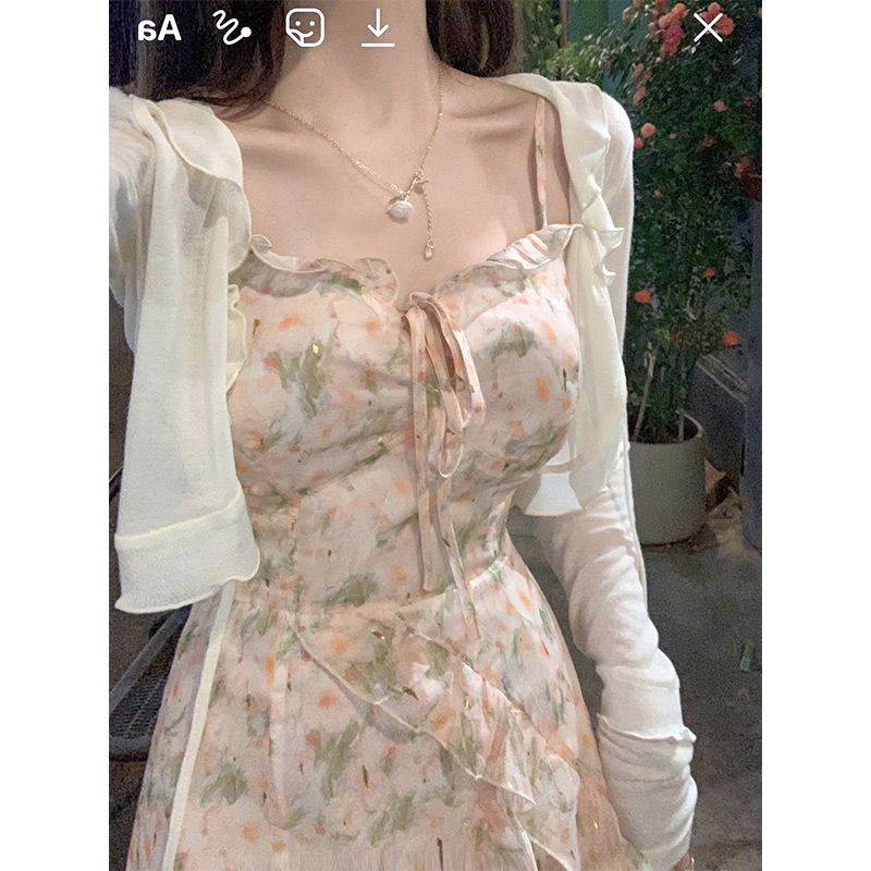 Xianqi Small Sweetheart Sweetheart for Women's Summer Design with Wood Ears and Sunscreen Cardigan Sling Dress and Shawl Chiffon Top