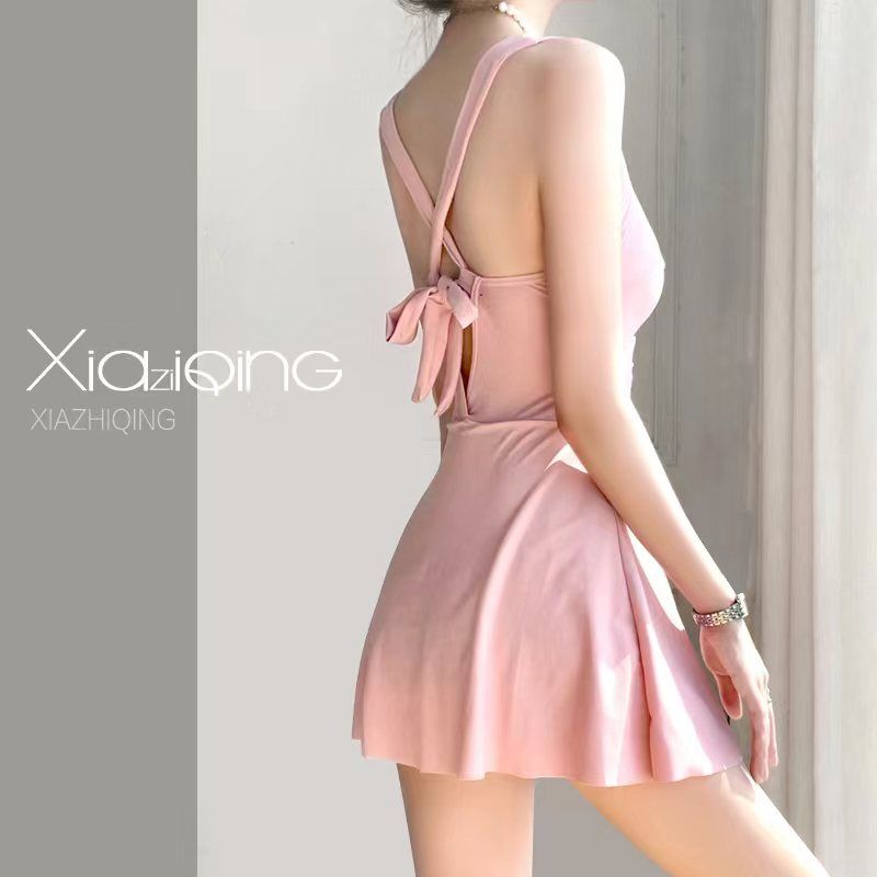 Swimsuit female pure desire wind ins conservative hot spring one-piece skirt student girl cover belly slim suspender swimsuit powder