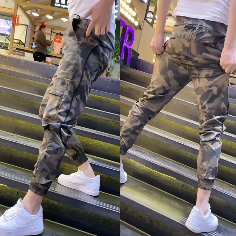 Spring and summer men's zipper camouflage casual pants Kuaishou Douyin same style small feet pants Korean version of slim personality overalls