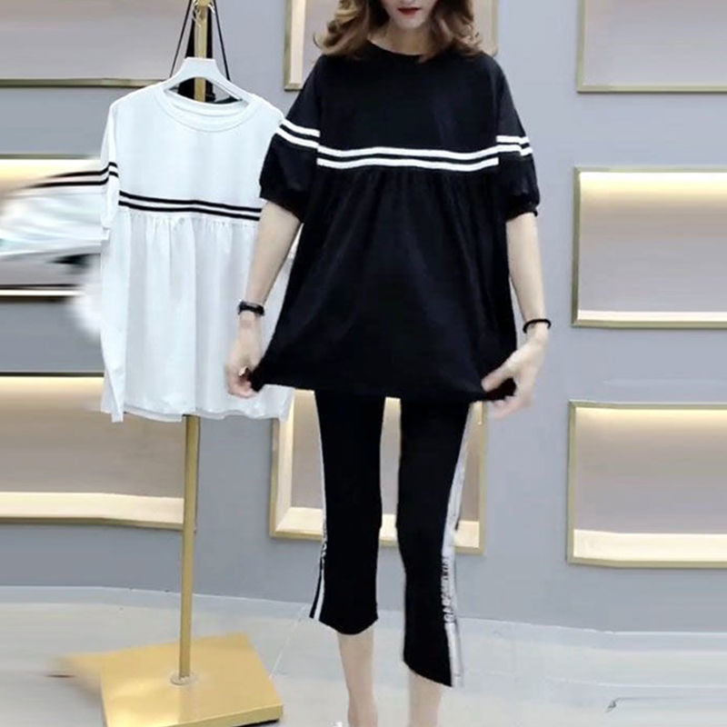 【纯棉】休闲运动套装女减龄年夏季新款韩版大码女装两件套潮