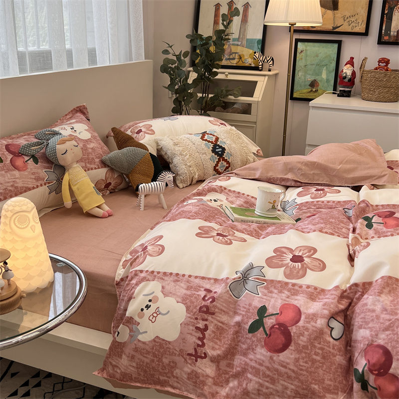 Lace Bear Washed Cotton Four-piece Set Simple Girly Style Student Three-piece Set Dormitory Quilt Cover Bedding