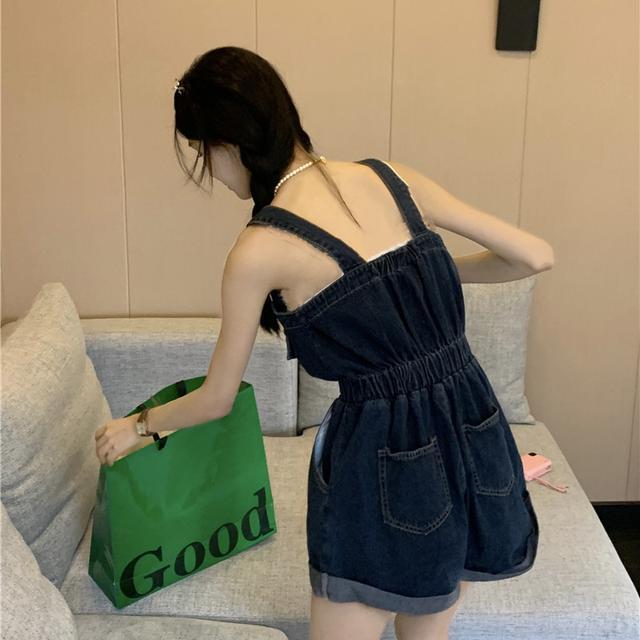 Student trendy retro jeans tooling jumpsuit female summer small roll side overalls wide leg short pants