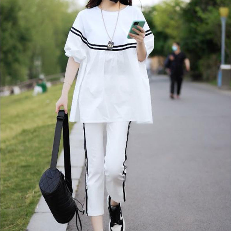 【纯棉】休闲运动套装女减龄年夏季新款韩版大码女装两件套潮