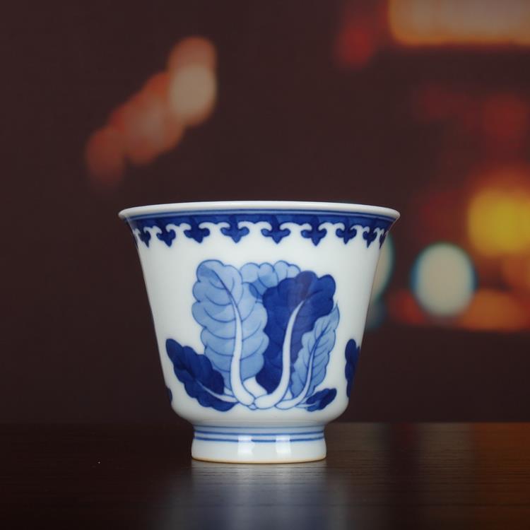 【官窑瓷】寒窑康熙青花手绘白菜纹茶杯闻香茶具 古玩古董陶瓷器