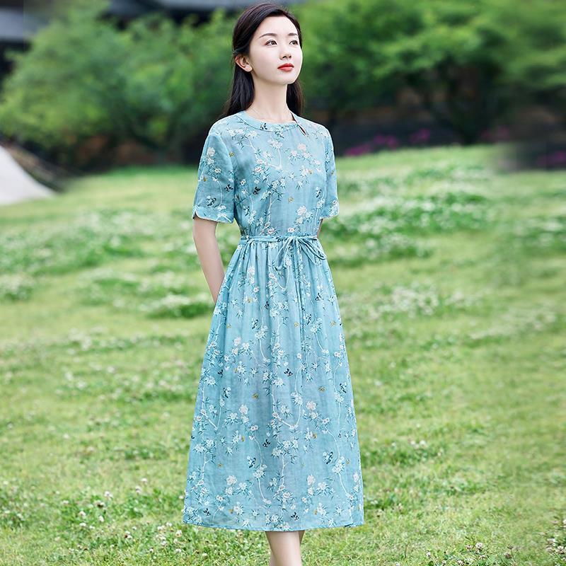 高檔棉麻連衣裙女夏新款寬鬆大碼顯瘦收腰裙媽媽裝洋氣碎花裙子