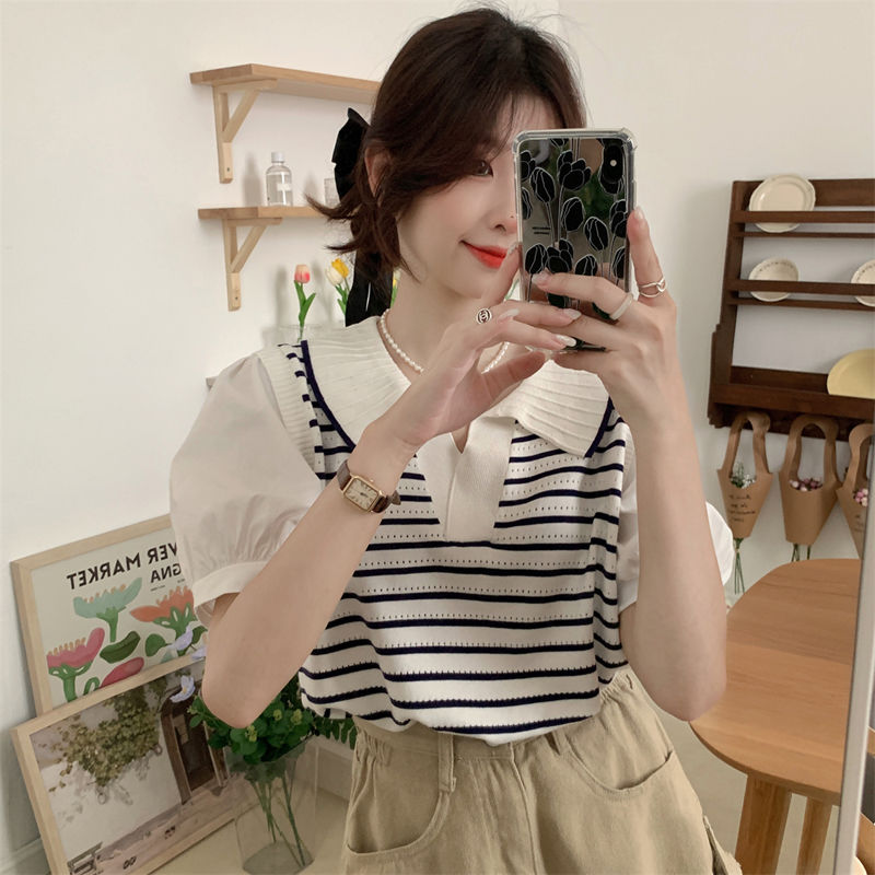 Polo collar striped ice silk sweater for women summer 2023 new fake two-piece splicing short puff short-sleeved top