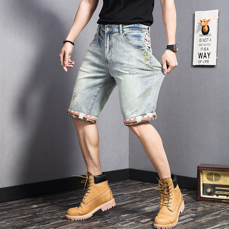 Summer embroidery ins retro trendy brand denim shorts men's straight slim Korean version of the trendy five-point pants with holes