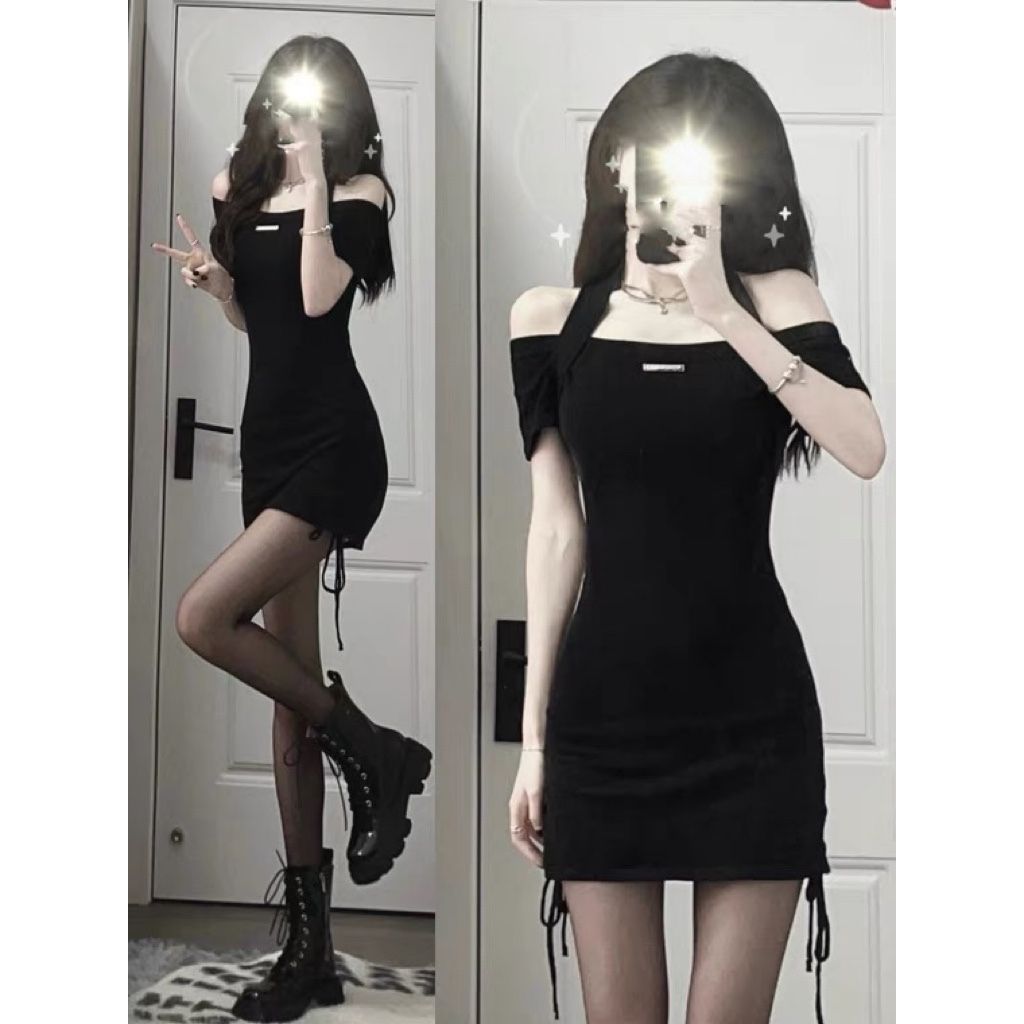 純欲辣妹連衣裙女夏季新款掛脖吊帶裙收腰修身顯瘦一字領包臀短裙