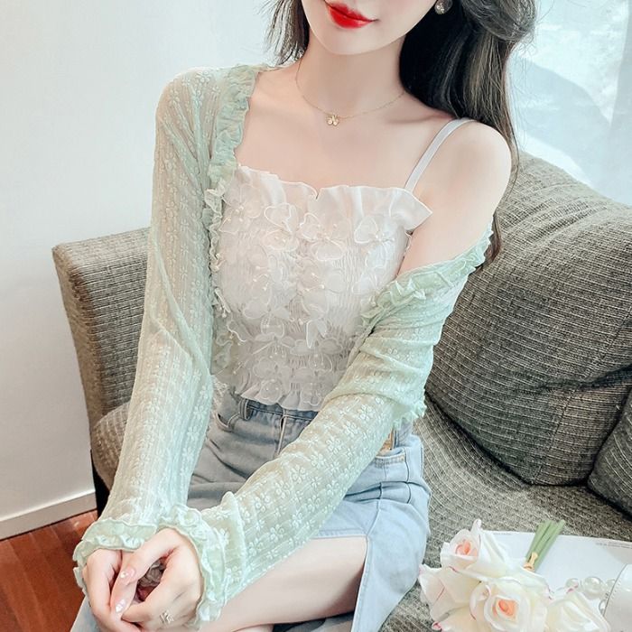很仙的木耳邊蕾絲防曬衣女薄款開衫外套夏短款外搭小罩衫披肩上衣