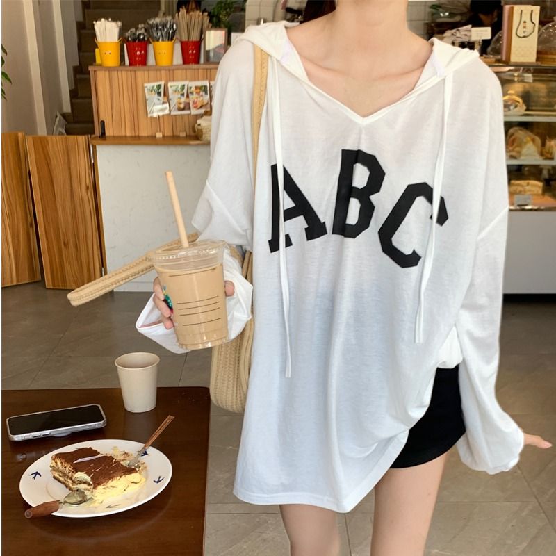 Long-sleeved sunscreen T-shirt women's  summer new lazy wind loose outerwear thin section hooded blouse top tide
